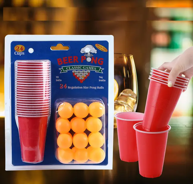 Beer Pong Game Set 48-Piece Set 16oz Blue and Red Plastic Cups Pong Game Bar...